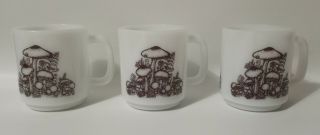 Set Of 3 Vtg Glasbake Milk Glass Mugs Mushroom Pattern Brown White