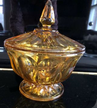 Vintage 70s Anchor Hocking Amber Fairfield Footed Candy Dish With Lid Euc