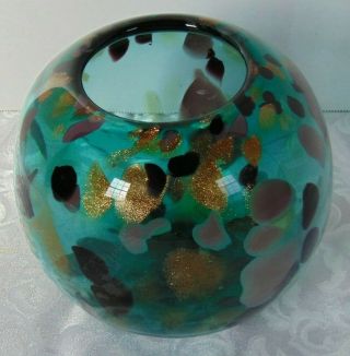 Vtg Murano Style Hand Crafted Art Glass Heavy Globe Vase Pink Black Gold Green