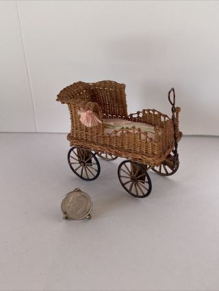 Vintage Artisan Tillie 87’ Wicker Baby Wagon Stroller Dollhouse Miniature 1:12