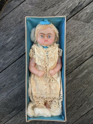 Exquisite Antique 6 " Wax Baby Doll,  Glass Eyes,  Box