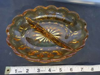 Vintage Indiana Amber Glass Oval Divided Relish Candy Dish Thumbprint Scalloped 2
