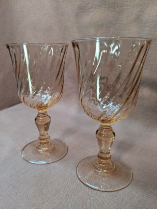 Set Of 2 Pink Depression Glass Optic Swirl Wine Glasses Goblets France