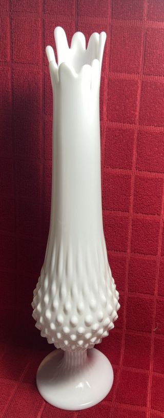 Vintage Fenton Hobnail White Milk Glass Swung Vase 13 3/4” Tall.  Base 3 1/4”