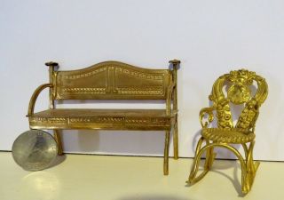 1900 - 1910: Minature Antique Doll House Furniture; Rocking Chair And Bench