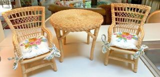 Pleasant Company American Girl Vintage Wicker Table 2 Chairs Floral Cushions