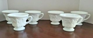 Set Of 6 Vintage Harvest Grape Pattern White Milk Glass Punch Tea Coffee Cups