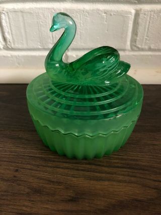 Jeanette Glass Green Powder Jar Lipstick Holder Trinket Box Swan Lid
