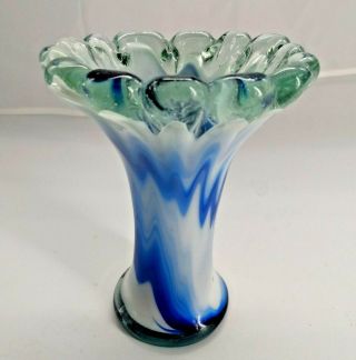 Murano Hand Blown Art Glass Blue White Ocean Swirl Glass Vase 6 1/4” Tall