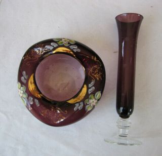 Vintage Purple Art Glass Hand Painted Ashtray,  7.  5 " Purple Bud Vase