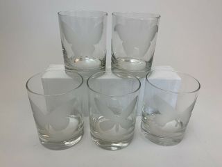 Set Of 5 Clear Glasses W/ Frosted Etched Butterfly & Scientific Sarah Coventry