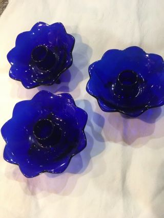 3 Three Fenton 848 Cobalt Blue Glass Lotus Flower Footed Candle Holders