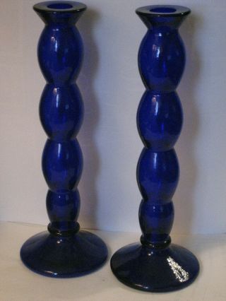 Vintage Cobalt Blue Glass Tall Candle Sticks - 10 1/2 " Tall