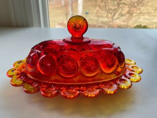 Vintage Le Smith Moon & Star Amberina Glass,  1/4 Lb.  Covered Butter Dish 6229