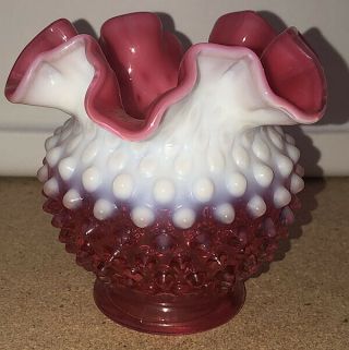 Vintage Hobnail Cranberry Pink & White Milk Glass Vase 4.  5 "