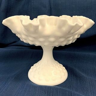 Hobnail Fenton White Milk Glass Pedestal Dish/bowl Ruffled Edge 6 " Tall 8 " Wide