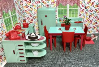 Plasco Complete Jadeite Kitchen Set Vintage Dollhouse Furniture Renwal Plastic