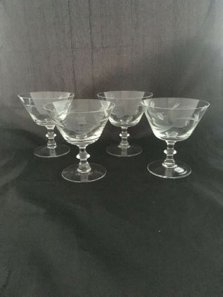 Set Of 2 Vintage Floral Etched Crystal Cocktail Coupe Glasses Dessert Sherbet