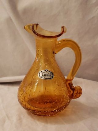 Vintage Rainbow Co.  Huntington W.  V.  Hand Blown Yellow Crackle Glass Mini Vase