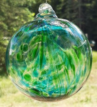 Hanging Glass Ball 4 " Diameter Aqua & Green Swirls (1) Hgb3