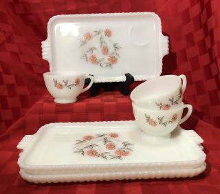 Vintage Mid Century Fire King Milk Glass Snack Tray And Cups Set Of 3 Fleurette