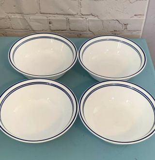 4 Corelle Cereal Soup Salad Bowls 6.  25” White W/3 Navy Blue Rings Country Style