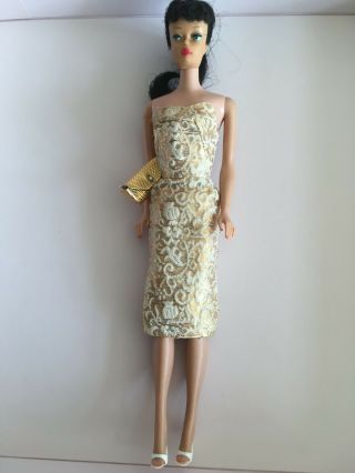 Vintage Barbie Brunette Ponytail Wearing Golden Girl Dress