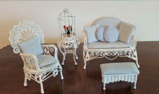Miniature Artisan Signed Mccurley Dressed White Wire Wicker Set Lovely