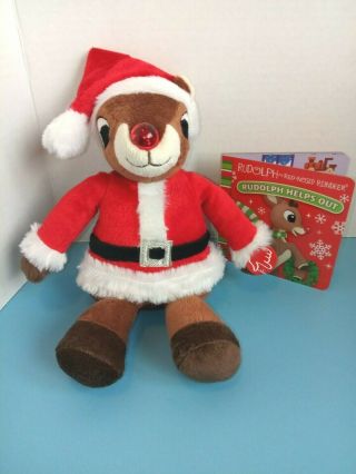 Plush Dan Dee 9 " Singing Rudolph The Red Nosed Reindeer W/mini Book Nose Lights