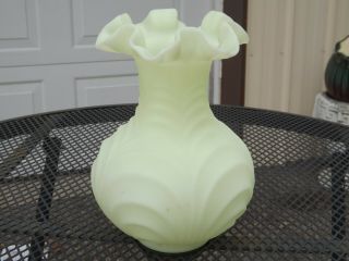 Fenton Satin Drapery Custard Art Glass Uranium Vase Ruffle Top Vintage 8 1/2 "