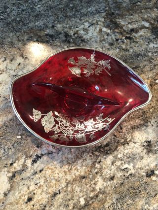 Vintage Ruby Red Glass Divided Candy/relish Bowl/dish Silver Floral Over - Lay