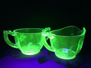 Vintage Green Uranium Depression Glass Sugar & Creamer Etched Floral