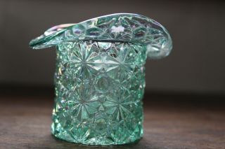 Vintage Fenton Green Glass Daisy & Button Top Hat Toothpick Holder Vase