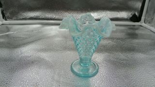 Vtg Fenton Blue Opalescent Art Glass Hobnail Ruffled Edge Vase 3 3/4  High