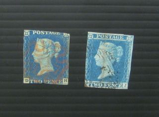 Gb Great Britain Stamps 1840 & 1841 Two Pence Blue Sg4 & Sg13 Qv Queen Victoria