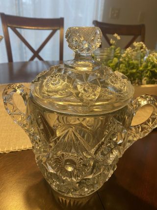Vintage Heavy Lead Cut Crystal Clear Glass Covered Bowl Dish 2 Handles With Lid