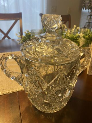 Vintage Heavy Lead Cut Crystal Clear Glass Covered Bowl Dish 2 Handles with lid 3