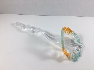 Murano Style Art Glass Hand Blown Trumpet Flower Twisted Stem Orange And Aqua
