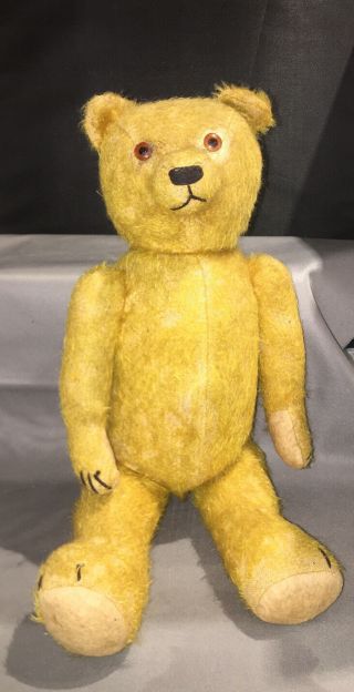 Antique Fully Jointed Teddy Bear With Glass Eyes About 16” Golden Fur Circa 1920