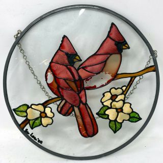 Vintage Stained Glass Red Cardinal Birds Window Panel 8 " Signed