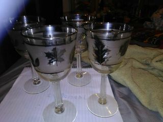 Set Of 4 Vintage Libby Silver Leaf Long Stem Barware Frosted Wine Glasses 4ozs.