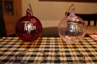 2 Vintage Tiffin Glass Museum " 2001 & 2010 " Christmas Ornaments W/ Stands L@@k