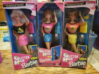 1993 Glitter Hair Barbie Trio Blonde Brunette Redhead.  In Boxes