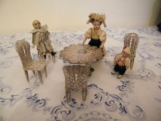 Antique / Vintage Silver? Filigree Dolls House Table And Four Chairs