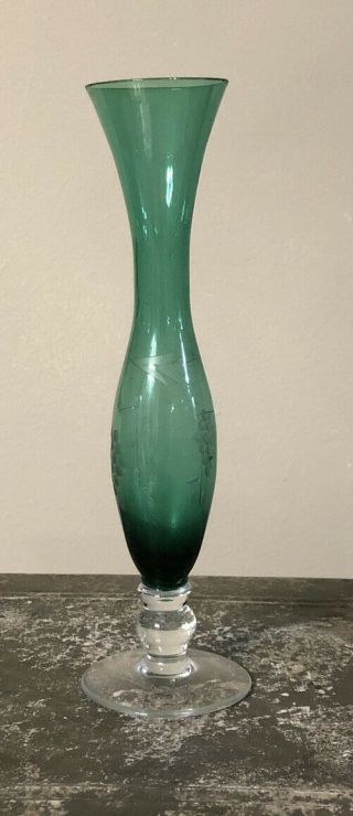 Vintage Sevres? France Glass Bud Vase Blown Glass Emerald Green 8” Etched