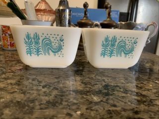 2 Pyrex Amish Butterprint Turquoise On White Refrigerator Dishes No Lids 501