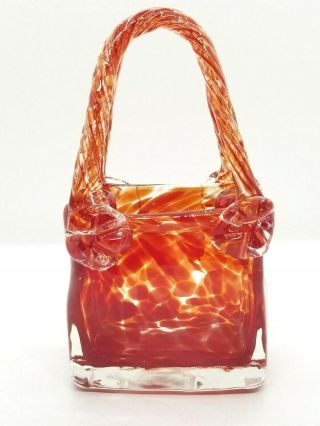 Murano Style Art Glass Purse Handbag Vase Candy Dish Handles Red Swirl 7x4x2