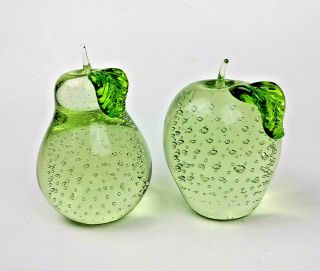Vtg Pair Green Apple & Pear Desk Set Paperweights Controlled Bubbles Signed