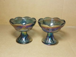 Vintage Indiana Carnival Glass Blue Harvest Grape Candle Holder Set Of 2