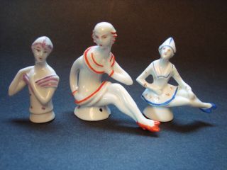 3 Antique Porcelain Art Deco German Half Doll Pincushions